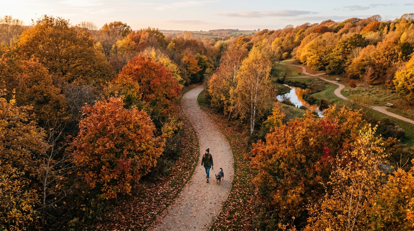 Ruhiger Spazierweg in einem herbstlichen Park mit goldenem Licht